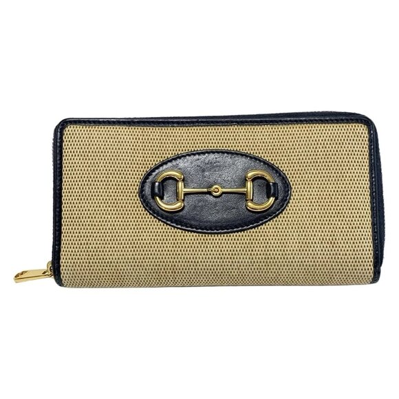 GUCCI Horsebit 1955 Beige Dark Navy Canvas Leather - Long Wallet 310-052225 - Picture 1 of 5